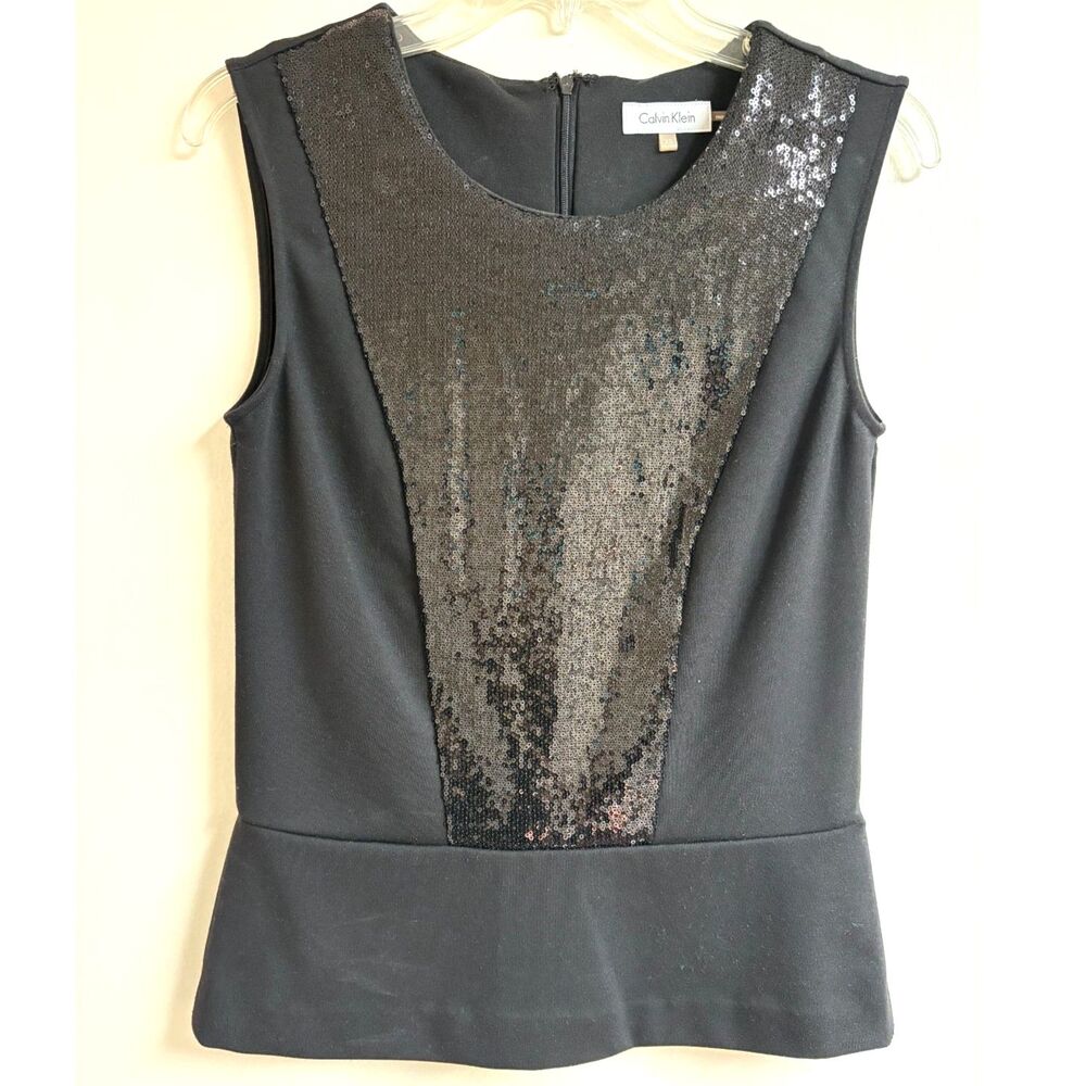 Calvin Klein Sequin Peplum Top Black Monochrome Sleeveless Blouse Shimmer Tank S - Picture 2 of 8
